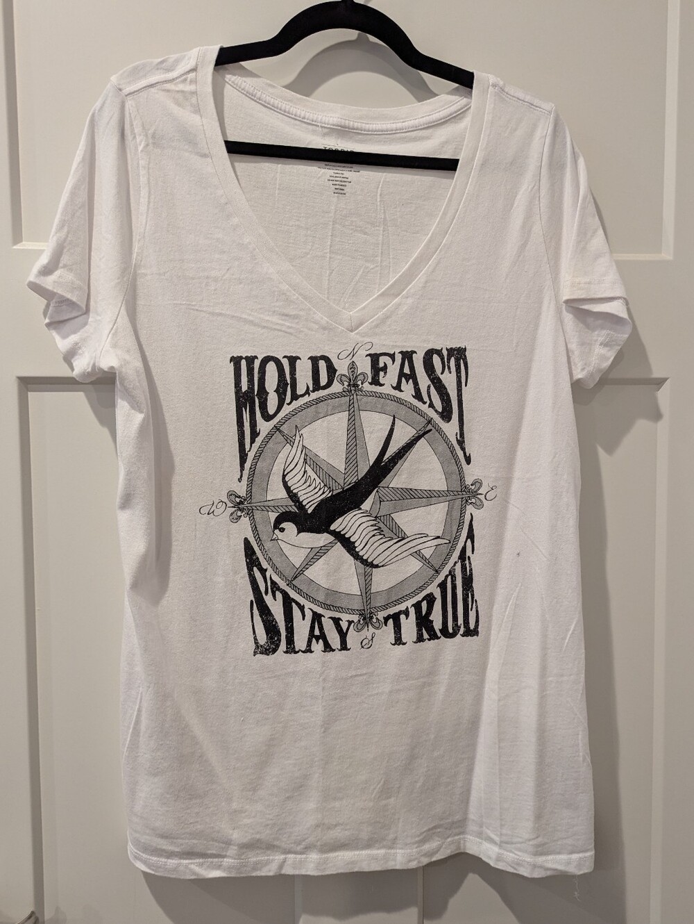 torrid White V-Neck Graphic Tee with Black Compass & Swallow